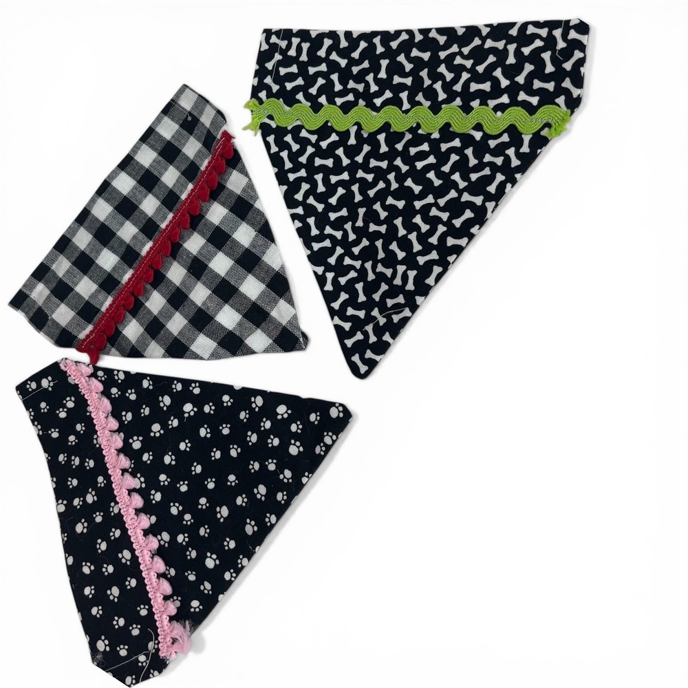Handmade Dog Bandana Set of 3 Check, blk/wht Bone & Paw Print Rickrack Trim Sz S